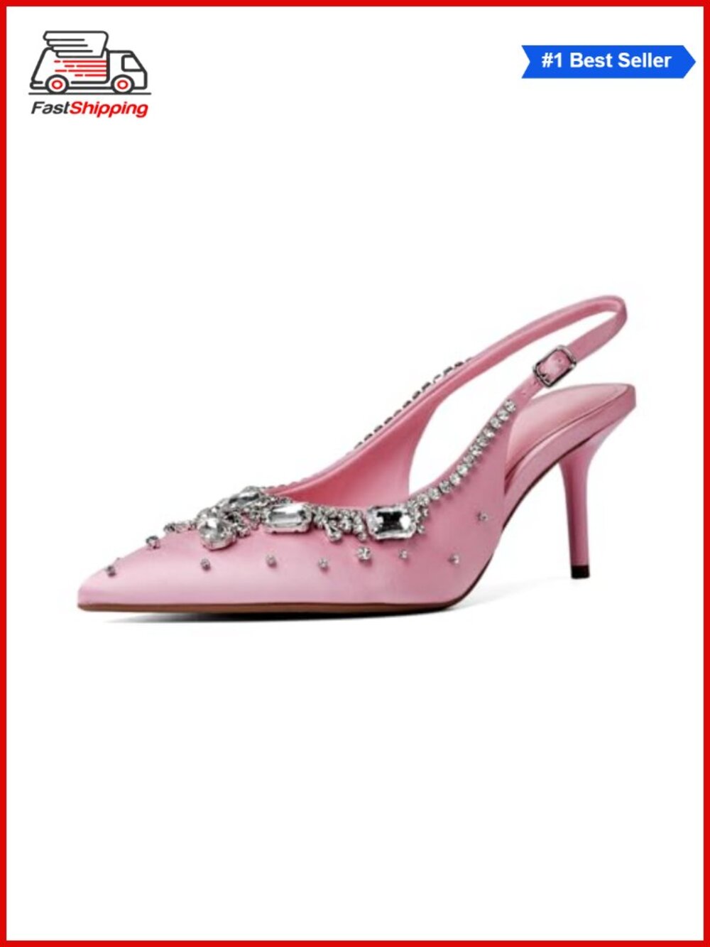 Satin Rhinestone Kitten Heel Slingback Pointed Toe Pumps for Wedding Prom